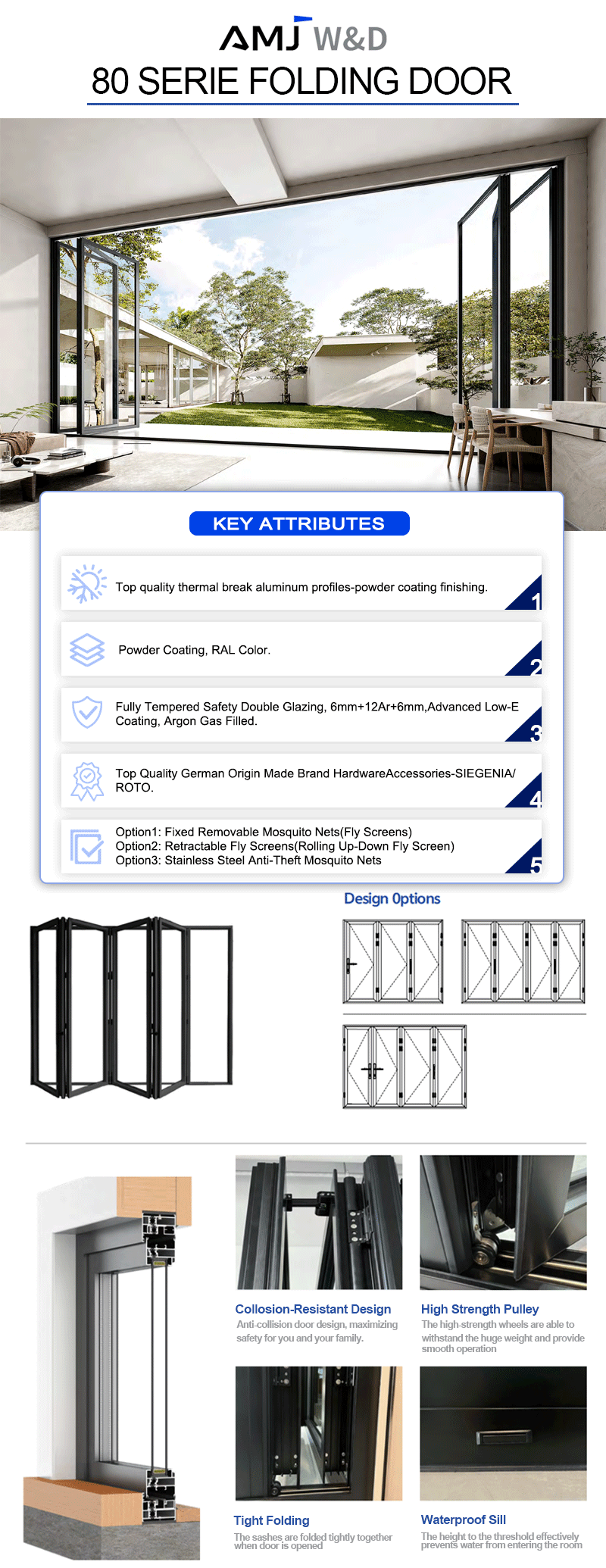 China Folding and Sliding Exterior Double Lowe Glass Aluminum Bi Folding Foldable Door Bifold Accordion Doors