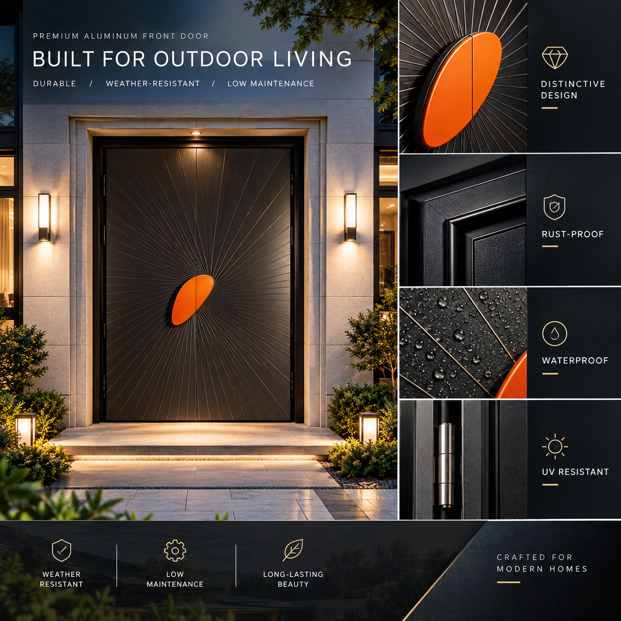 Aluminum Security Entry Doors Customized Double Front Entry Doors Smart Lock Anti-Theft Finished Dark Grey