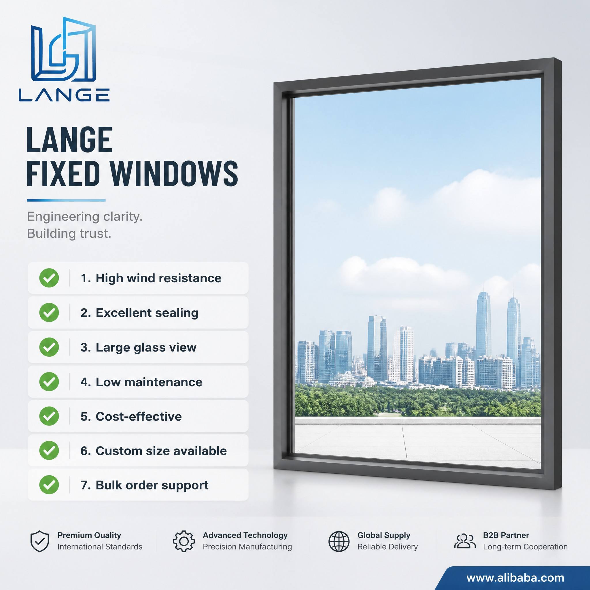 LANGE Hurricane Impact Fixed Window Aluminum Alloy Triple Glass Storm Proof Heat Insulation for Coastal Villa House