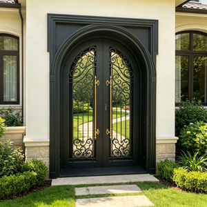 Sunnysky Impact Resistant Iron Entrance Door AAMA Standard Hand Forged Glass Hurricane Proof