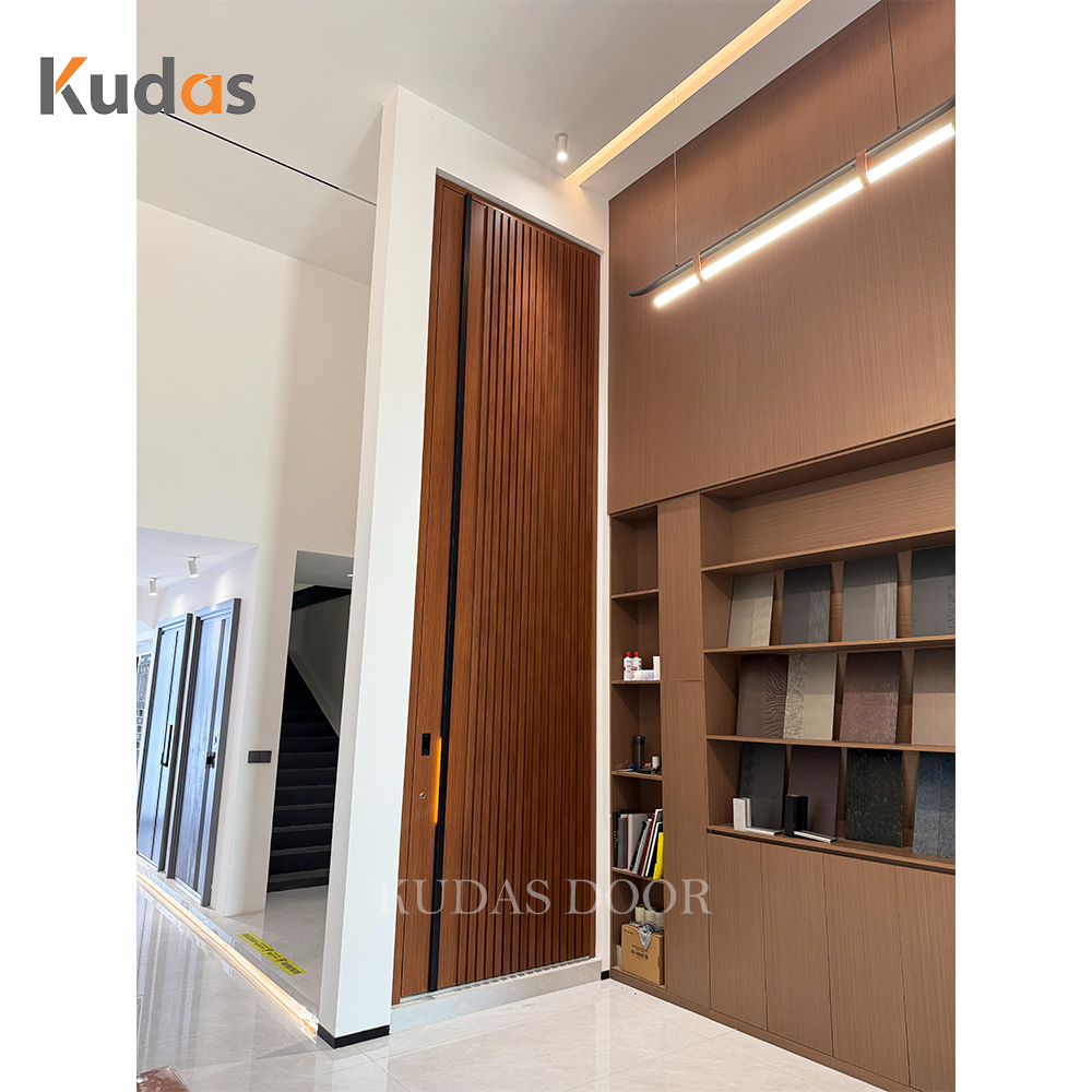 Luxury Extra Tall Vertical Fluted Walnut Cast Aluminum Front Entry Door Exterior Pivot Security Entrance Main Door for Villa