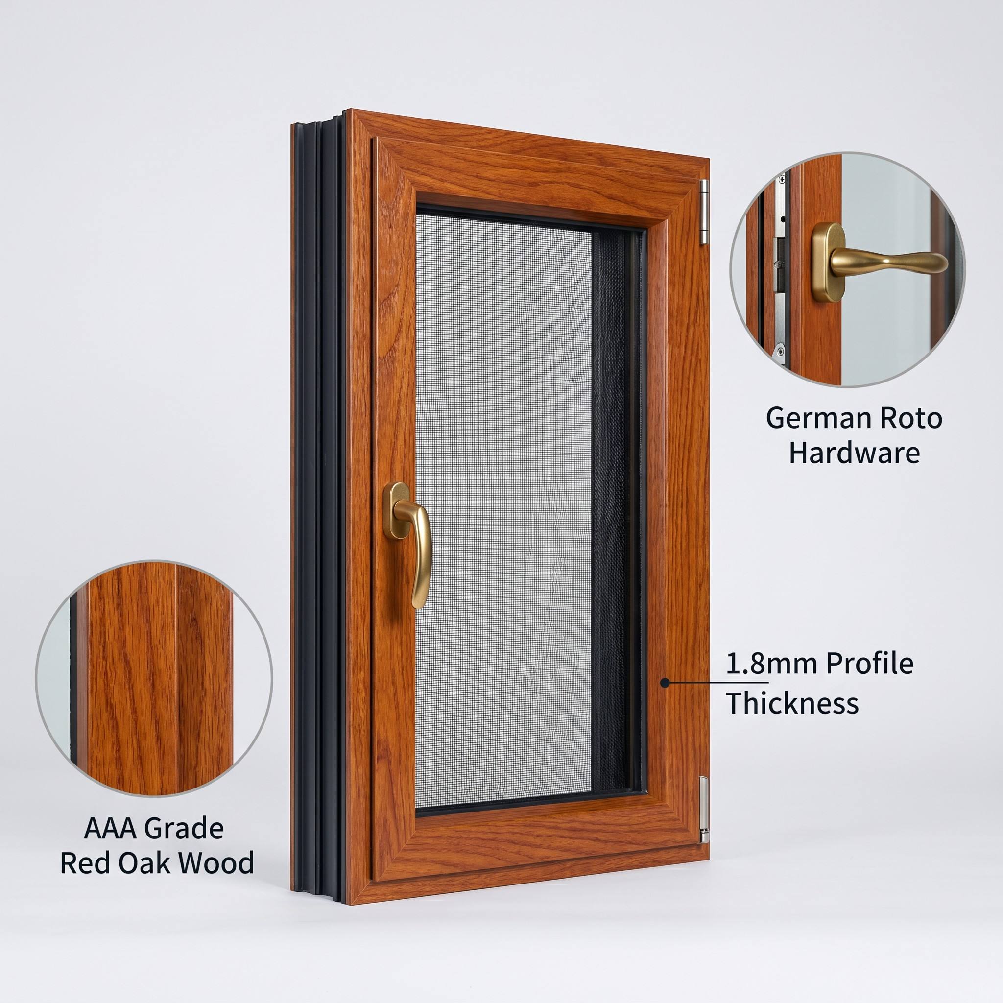 HUACAI North American Red Oak Aluminum Wood Composite Tilt and Turn Window 1.8mm Profile Triple Glazed Soundproof System Window