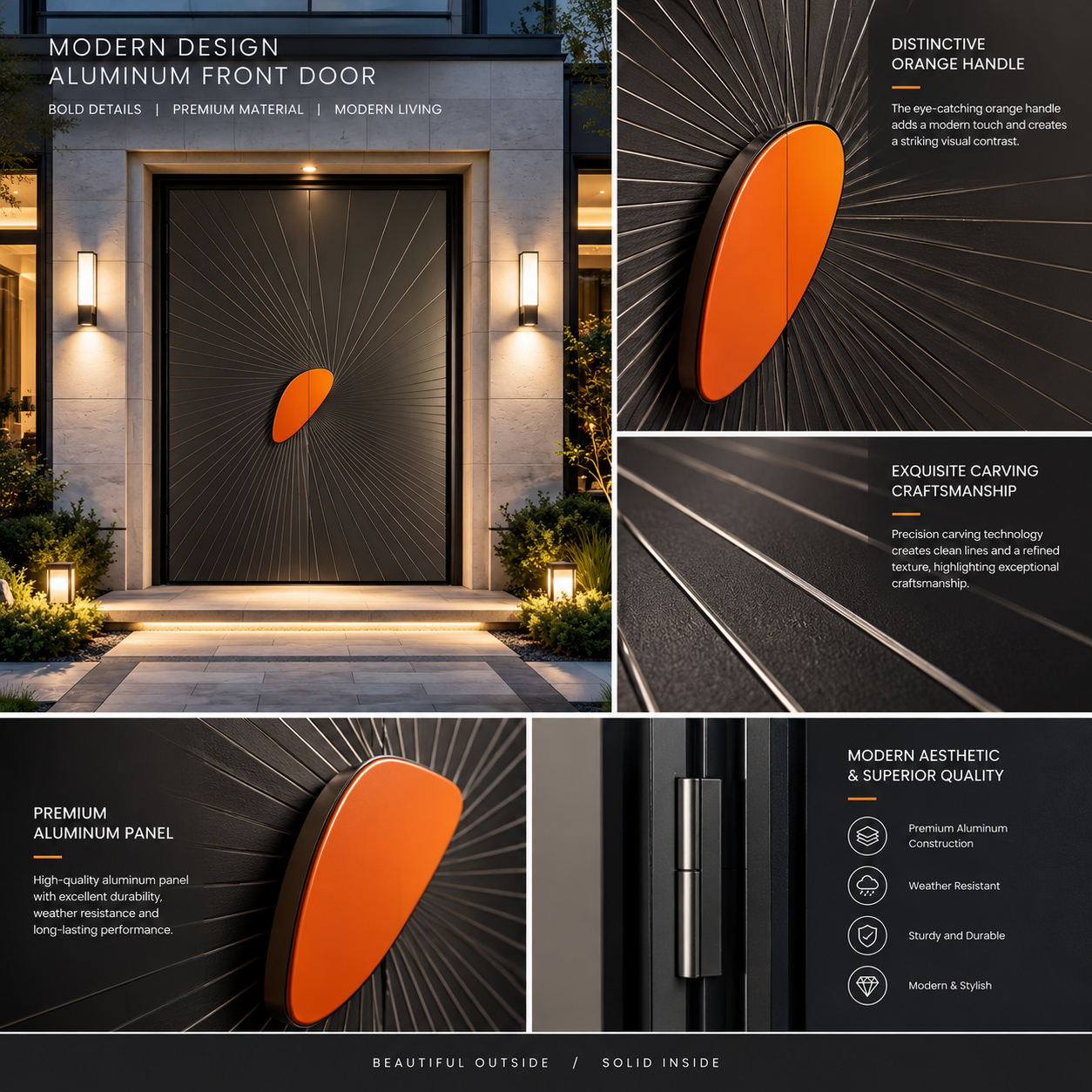 Aluminum Security Entry Doors Customized Double Front Entry Doors Smart Lock Anti-Theft Finished Dark Grey