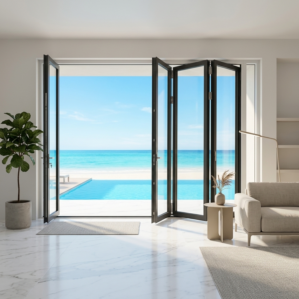 High Security Aluminum Bi-Fold Door with Multi Point Locking System for Villa Entrance and Large Opening Design