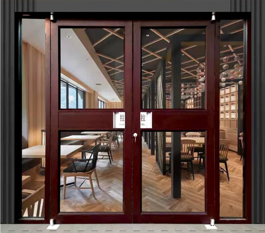 Reddish Brown Half-Glass Modern Style Door with Sidelights Entry Hotel Hospital Windproof Commercial Aluminum Door Custom Size