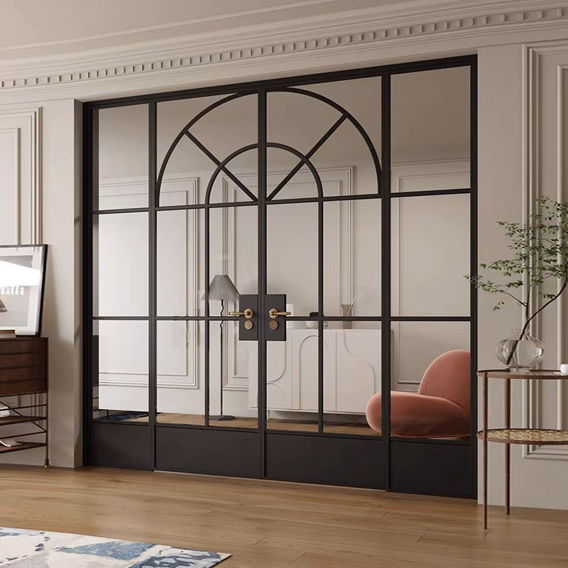 Arch Aluminum Casement Doors Interior Bathroom Kitchen Double Door Wrapped Modern Flush Glass Aluminum French Doors with Grilles