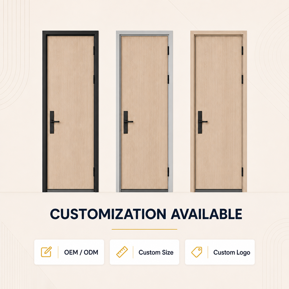 Modern Solid Core Wooden Interior Door Paint-Free Eco-friendly Melamine Faced Board with Aluminum Frame for Hotel