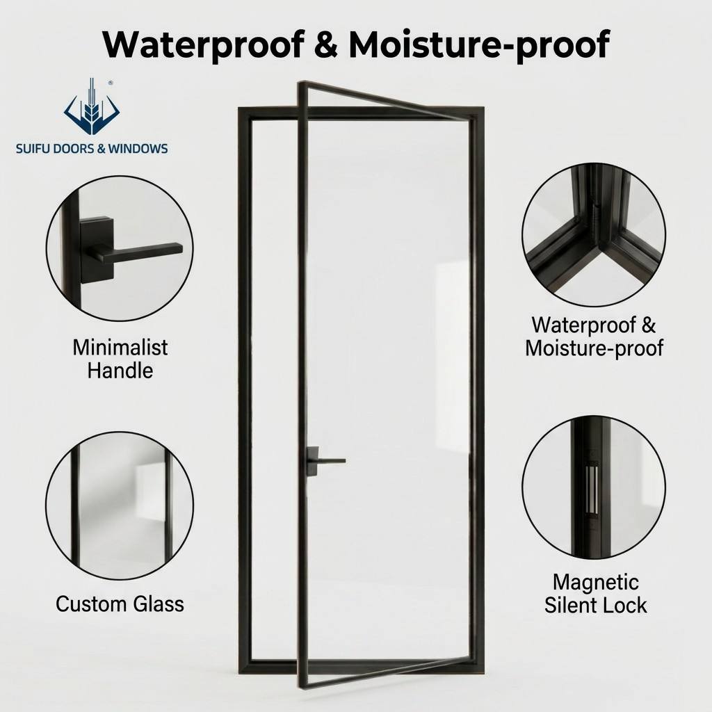 Minimalist Slim Frame Aluminum Swing Door for Bathroom Kitchen Fluted Glass Narrow Frame Casement Door with Magnetic Mute Lock