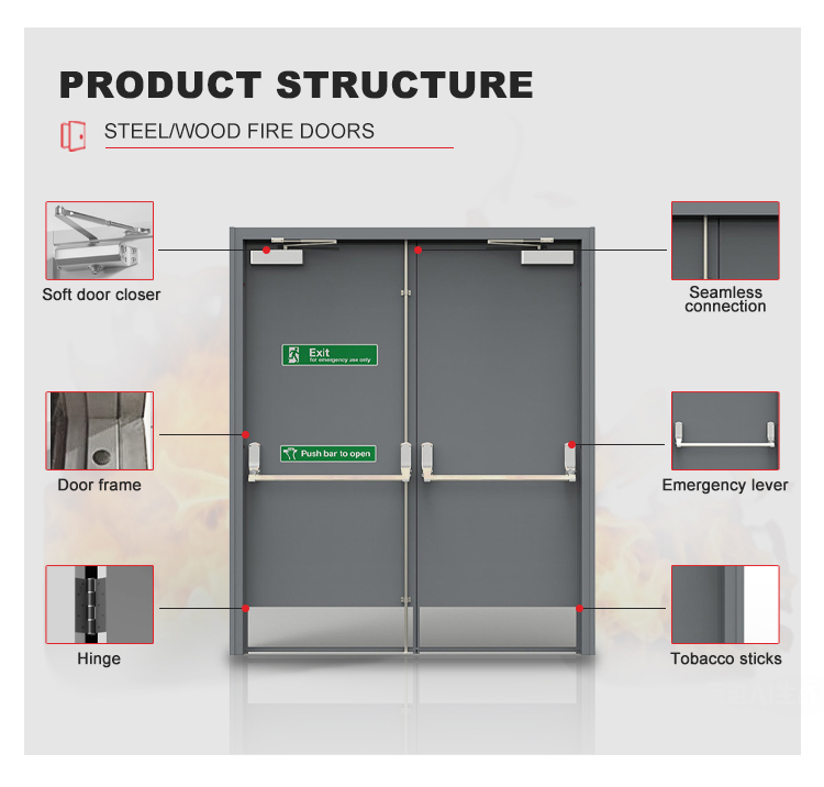 Modern Aluminum Glass Fireproof Double Entry Door Exit Design Finished for Hotel Commercial Warehouse School Interior Use