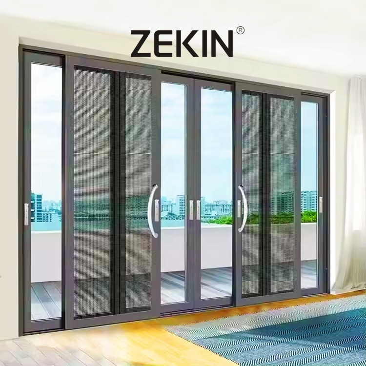 ZEKIN AS2047 NFRC Certification Double Glass Stacker Doors Engineering Project Exterior Aluminum Sliding Doors with Screen Mesh