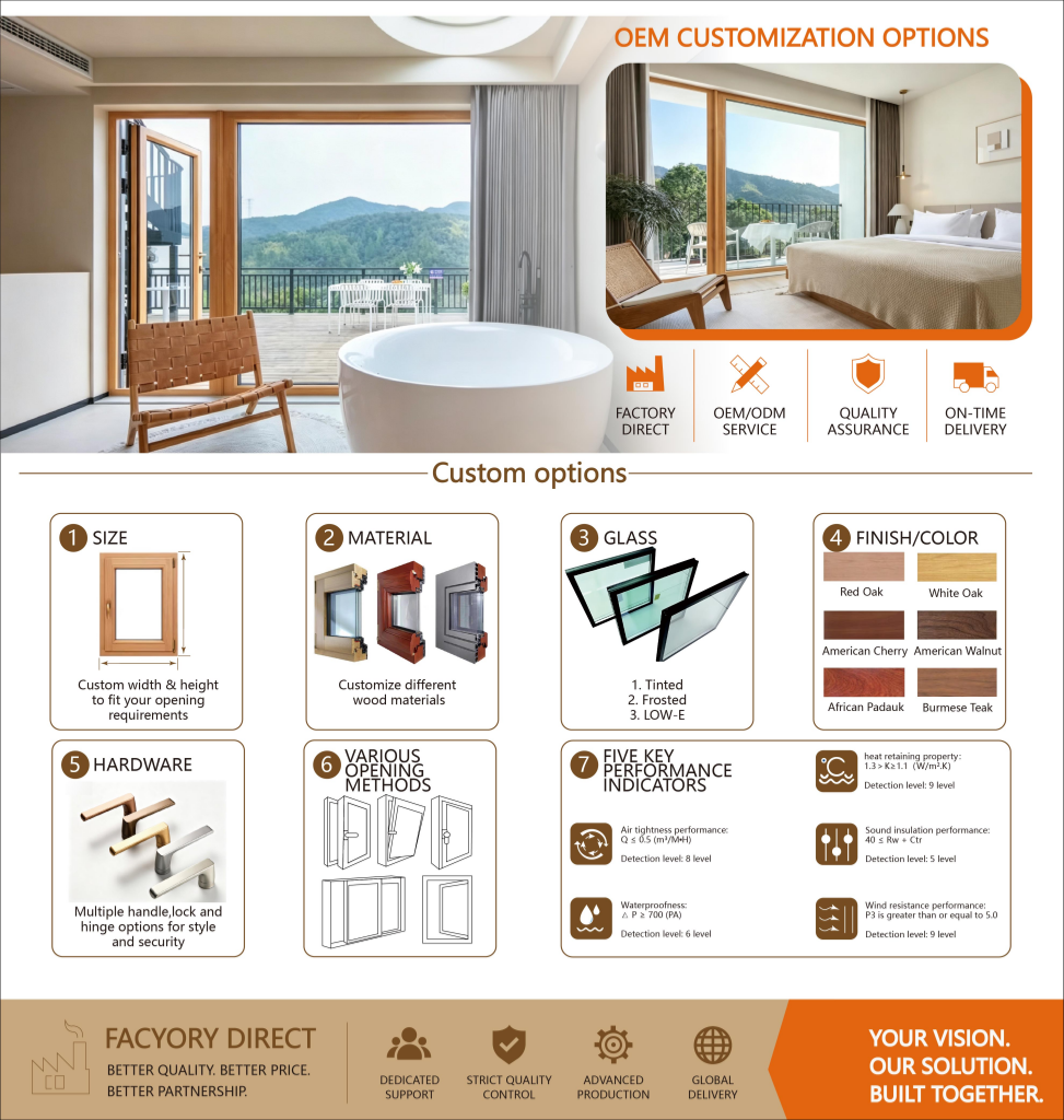 Direct Factory Modern Hinged Aluminum Solid Wood Doors Soundproof Triple Tempered Glass Custom Home Front Casement Door