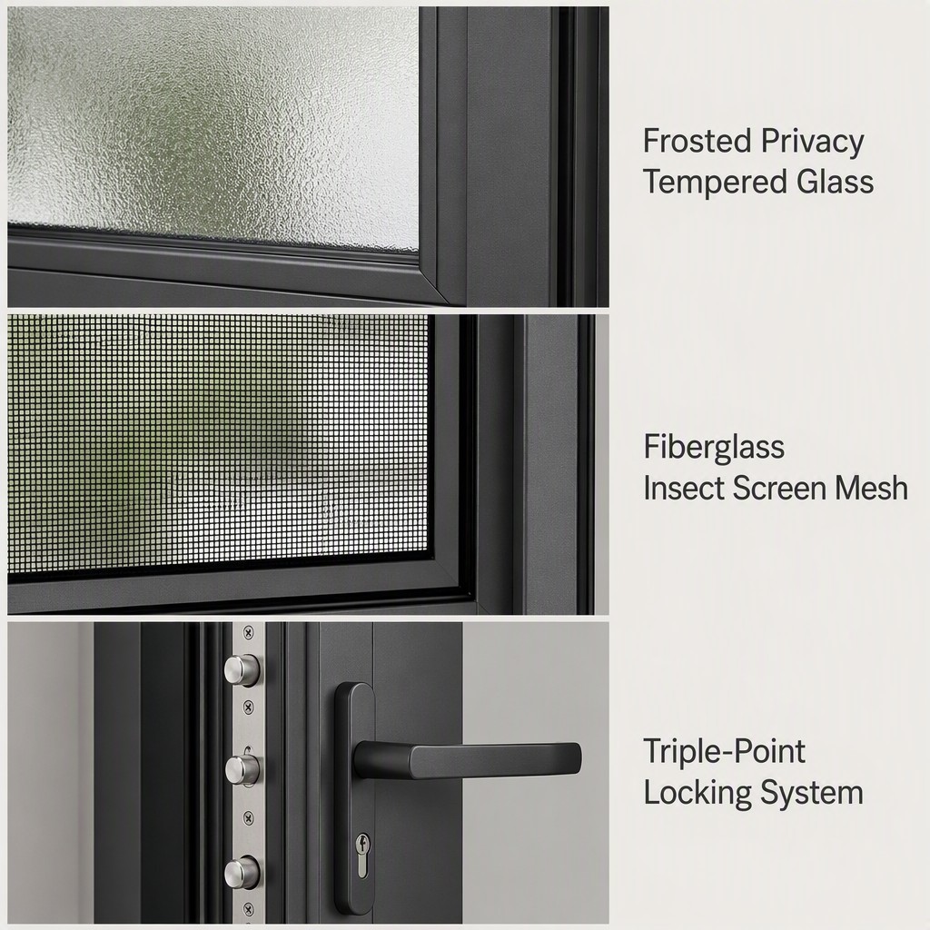 Verified High Quality Custom Inward Open Double Aluminum Casement Door with Fiberglass Anti-Mosquito Screen and Frosted Glass