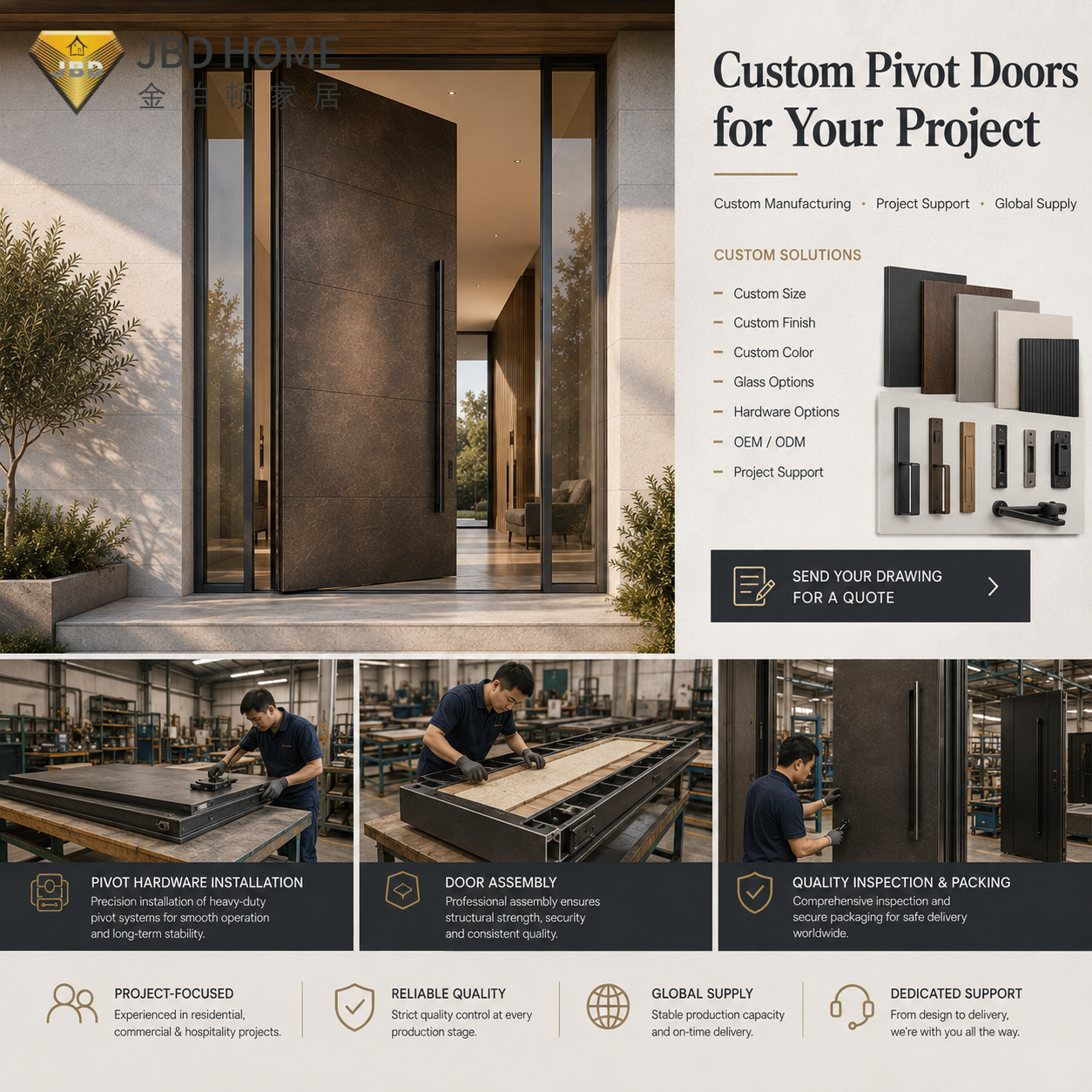 Original Factory Made Double Leaf Pivot Door With Aluminum Alloy Frame For Modern Villa Entry And Outdoor Use