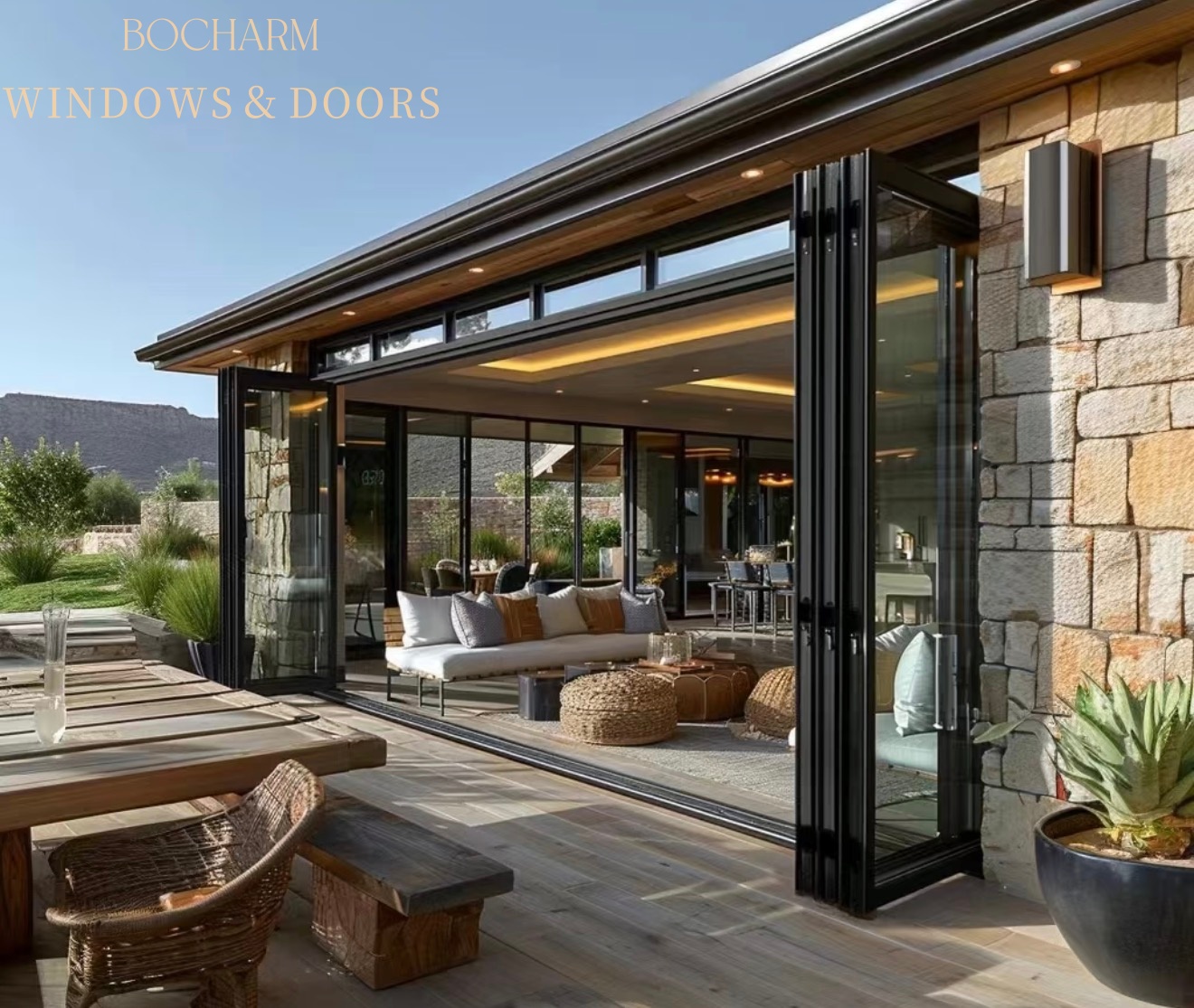 BOCHARM Aluminum Alloy Foldable Concertina Folding Bi-fold Doors Double Tempered Glass Ultra-Slim Profile for Supermarket