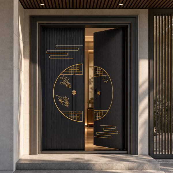 Minimalist Gold Cast Aluminum Entry Door with Lattice Band Bamboo Motif Anti-Theft &amp; Thermal Insulation for Villa Commercial Use