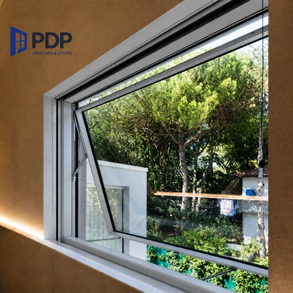 Fashionable Weatherproof Swing Awning Window Stainless Steel Aesthetic Aluminium Frame Outdoor Kitchen Villa Bathroom Exterior