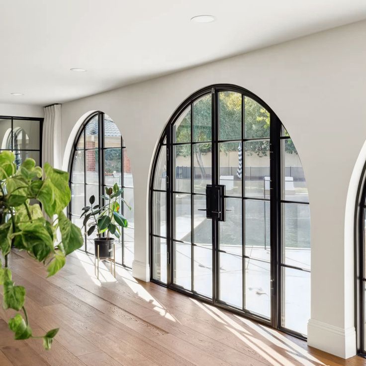 Insulated Arched Antique Heritage Black Aluminium French Front Doors with Grid Strip Glass for Outdoor Entry
