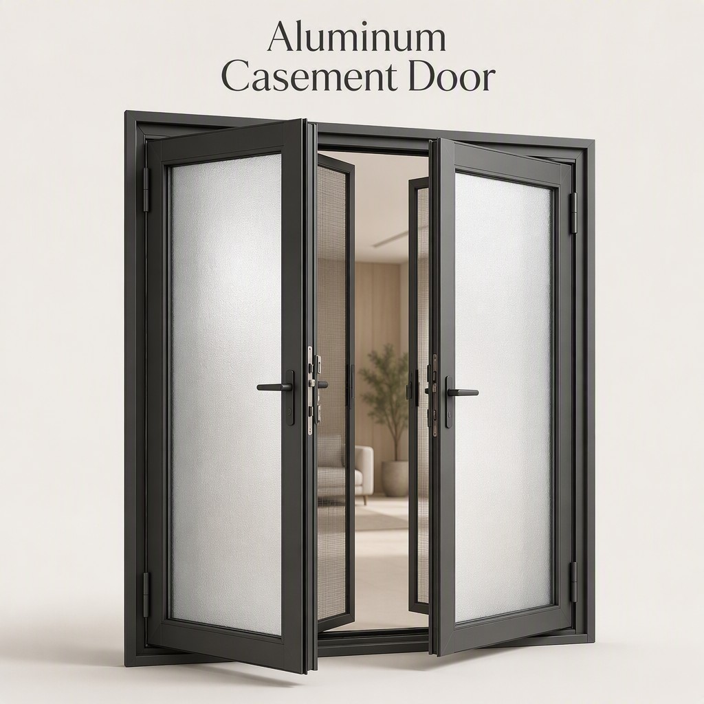 Verified High Quality Custom Inward Open Double Aluminum Casement Door with Fiberglass Anti-Mosquito Screen and Frosted Glass