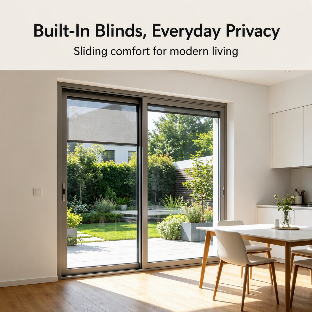 Gray Aluminum Sliding Window with Built-In Integral Blinds & Waterproof Modern House Balcony Living Room Design